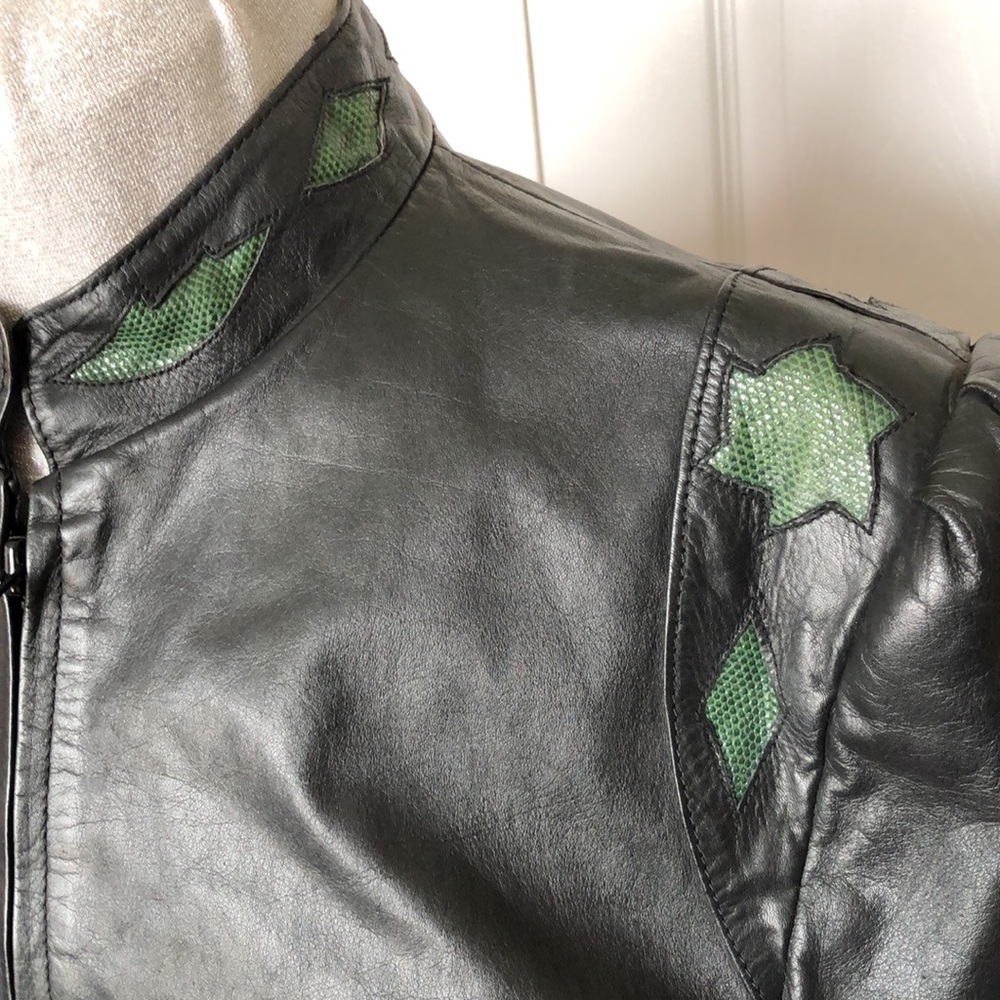 Genuine Snake Leather Moto Jacket Puffed Sleeves Cut Out Graphic Western Reptile